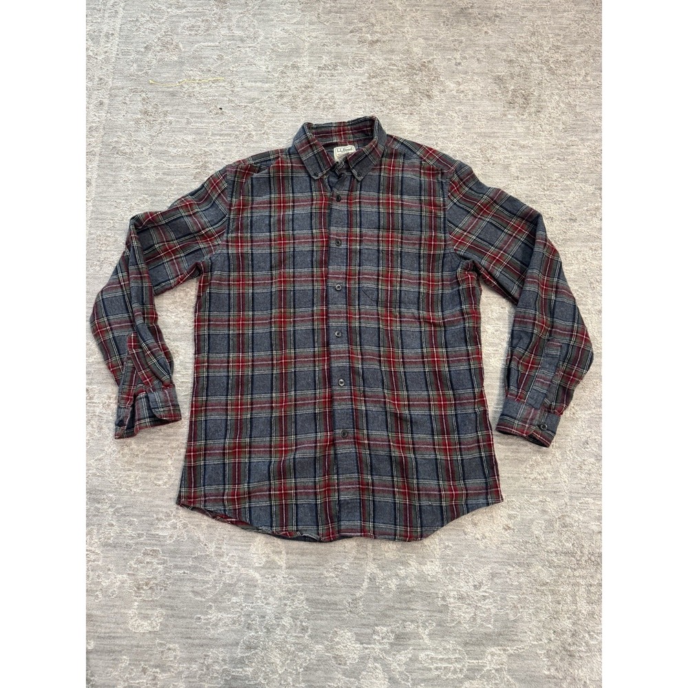 LL Bean Flannel Shirt Mens Gray Plaid Slim Fit Button Front Long Sleeve Medium